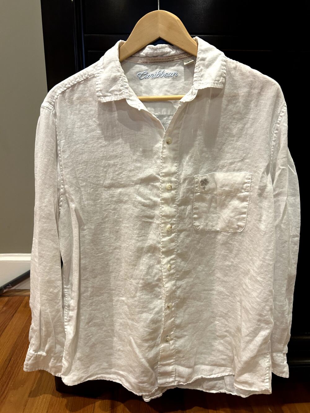 Men's Size Large Carribean 100% Linen White Button Shirt Summer Beach Ready